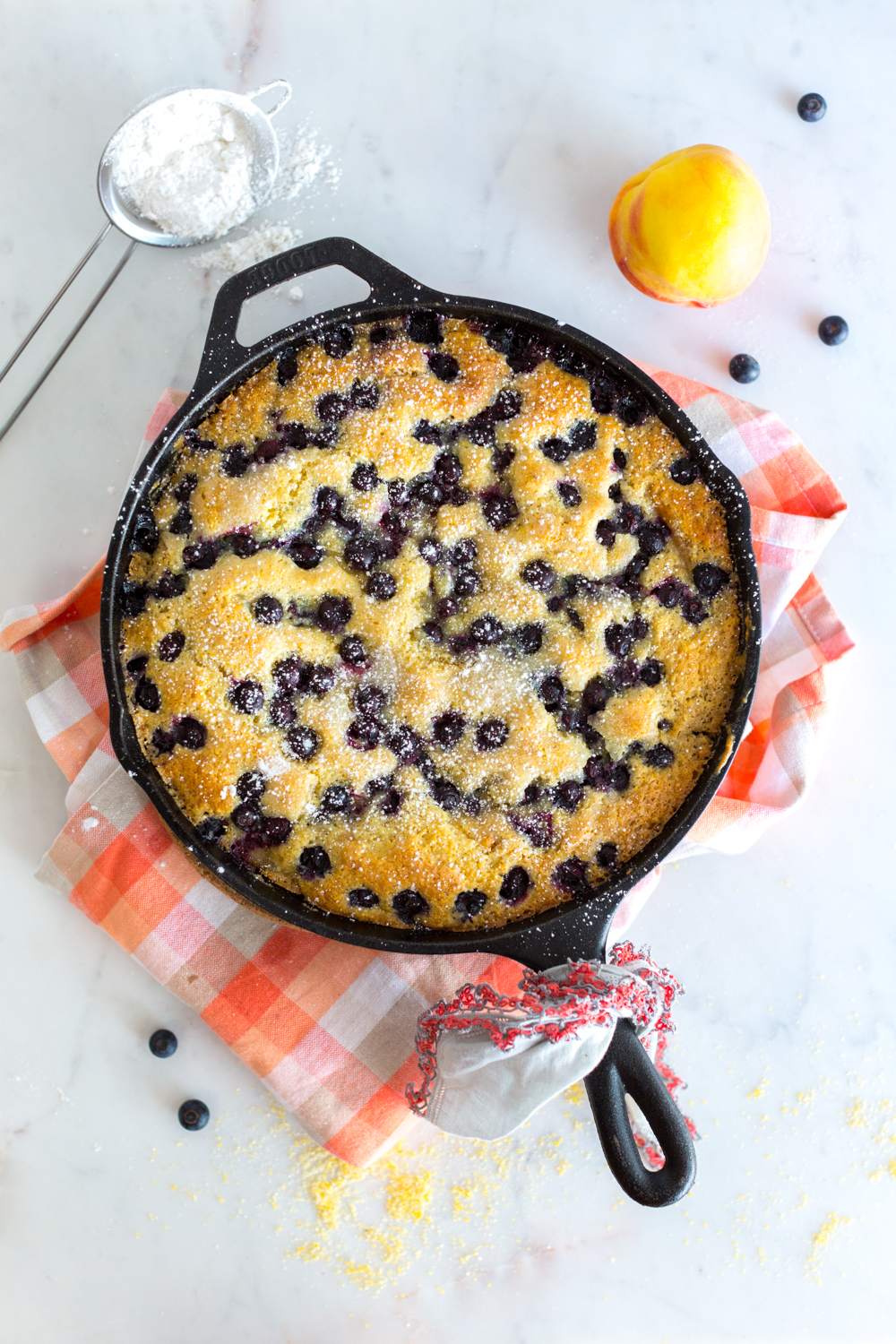 Blueberry Peach Cornmeal Skillet Cake baked