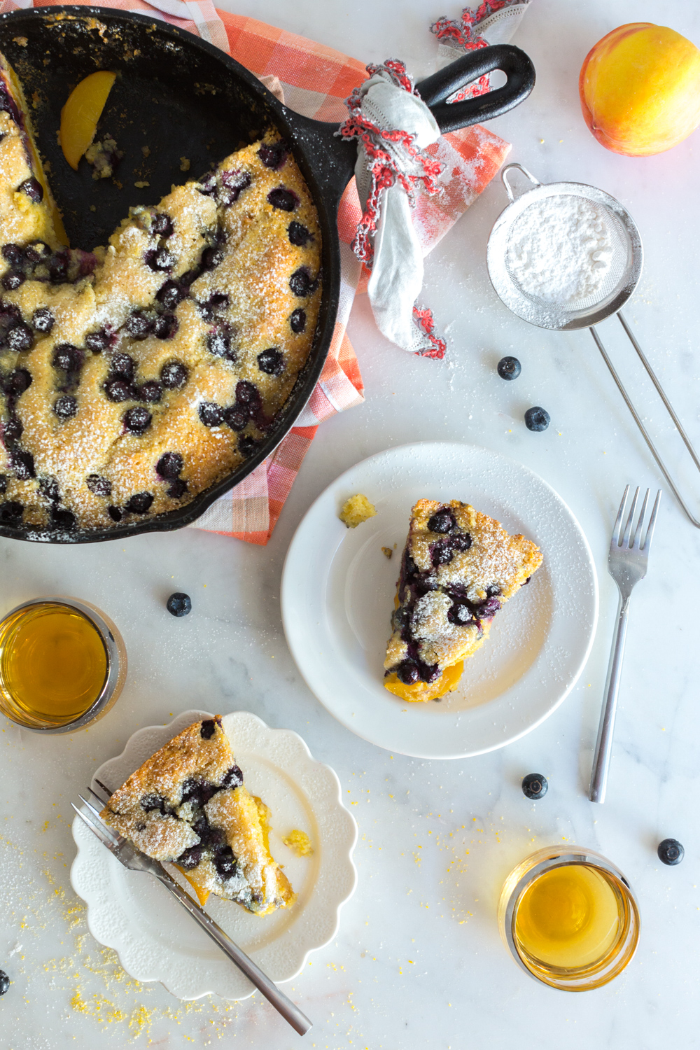 Blueberry Peach Cornmeal Skillet Cake sliced