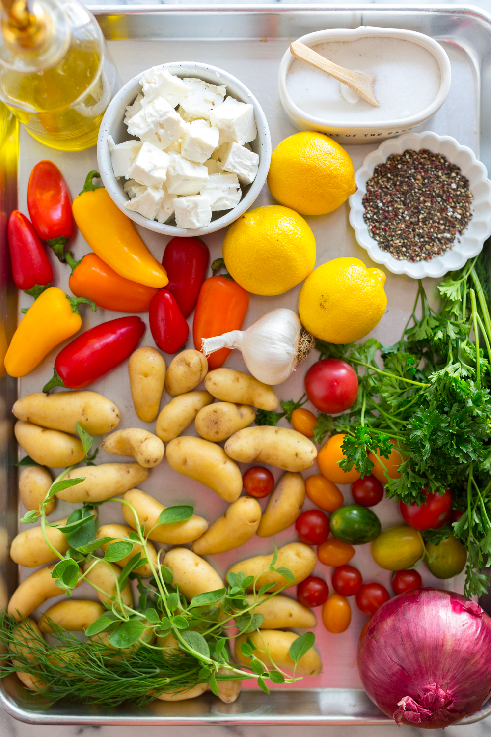 Herby Feta Lemon Chicken and Veggie Sheet Pan Dinner ingredients