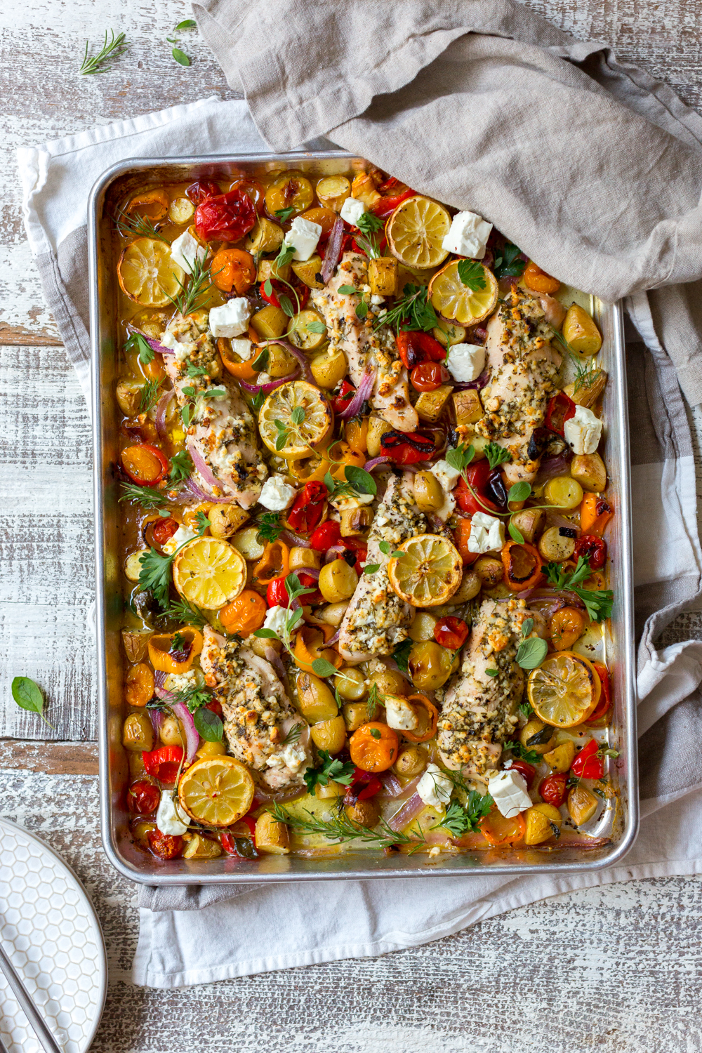 Herby Feta Lemon Chicken and Veggie Sheet Pan Dinner