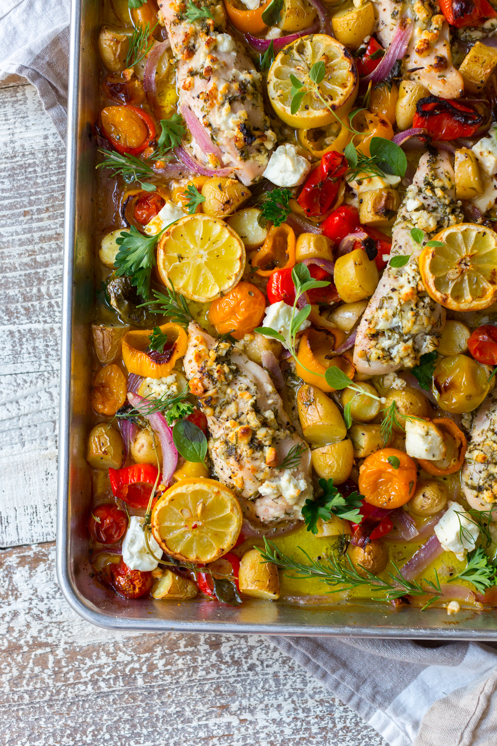 Easy Herby Feta Lemon Chicken and Veggie Sheet Pan Dinner