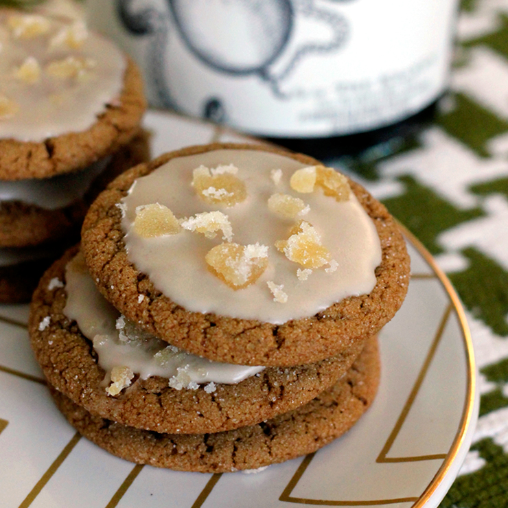 Ginger molasses cookies topped with a rum glaze and crystallized ginger.