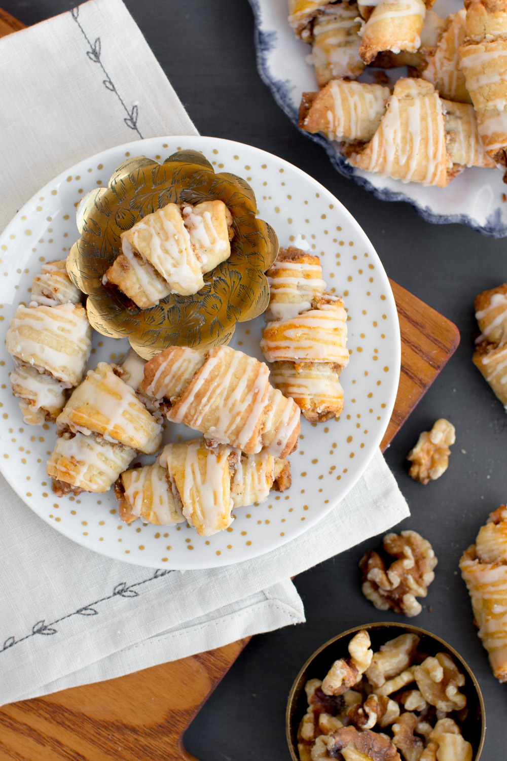 Maple Walnut Rugelach on a decorative plate - overhead