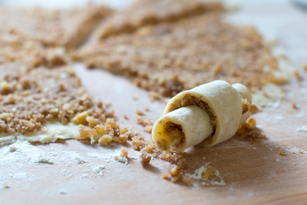 a single Maple Walnut Rugelach roll before baking