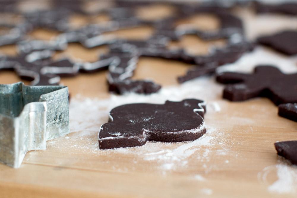 cut chocolate holiday cookies ¼" thick