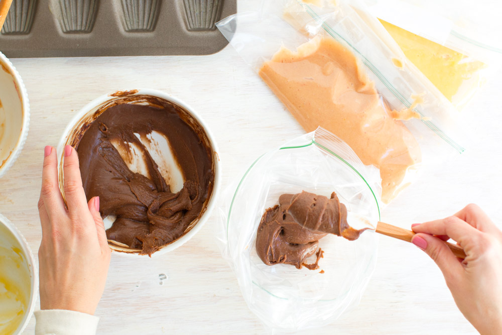 filling baggies with Neapolitan Madeleine batter
