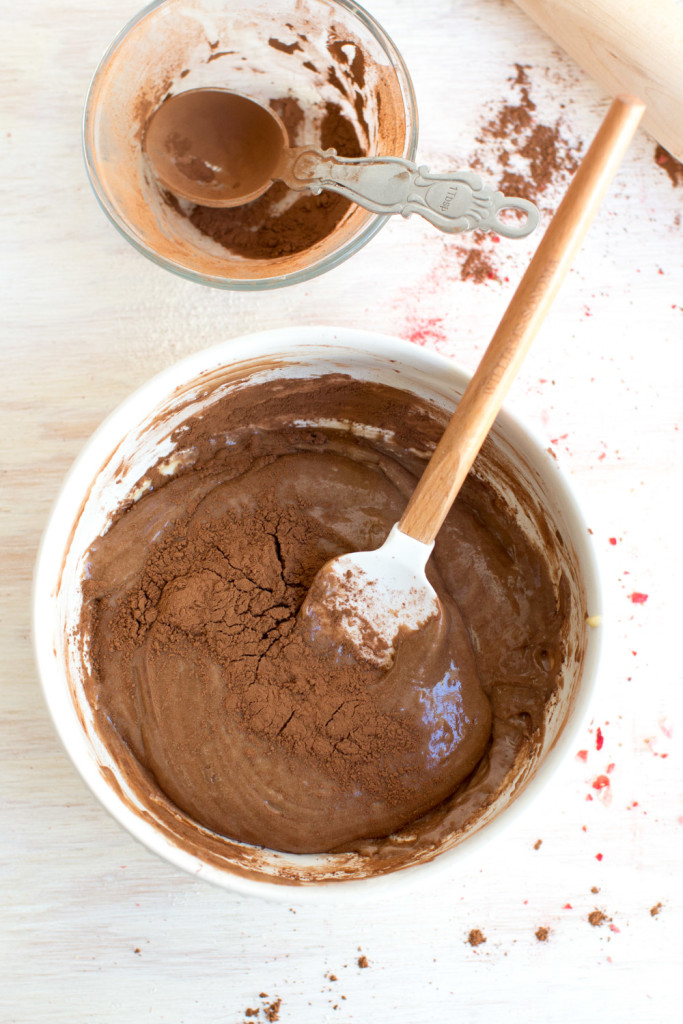 mixing chocolate Madeleine batter