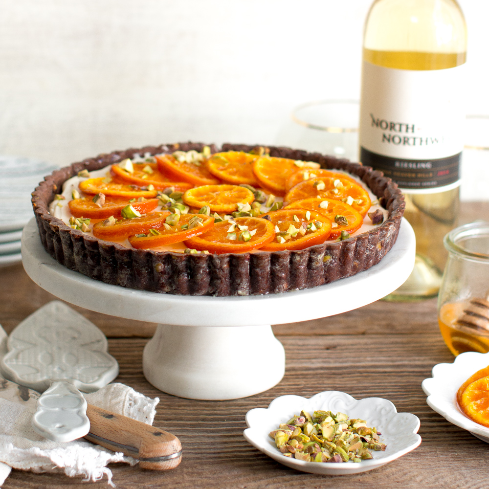 Candied Tangerine Mascarpone Tart with Pistachio Chocolate Crust.
