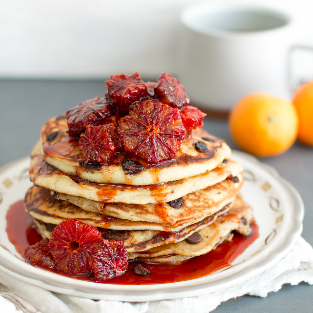 Ricotta Chocolate Chip Pancakes & Blood Orange Compote
