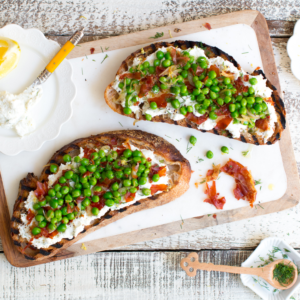 Pea Prosciutto and Goat Cheese Tartine