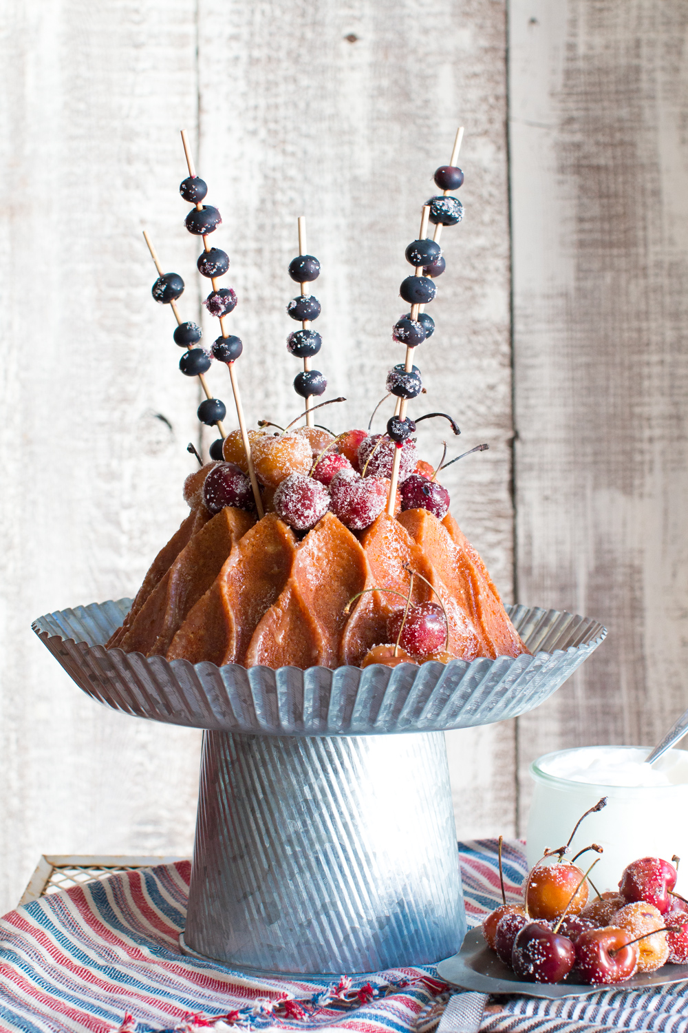 Brown Butter Bourbon Bundt Cake with Grilled Cherries and Blueberry Sparkler Skewers