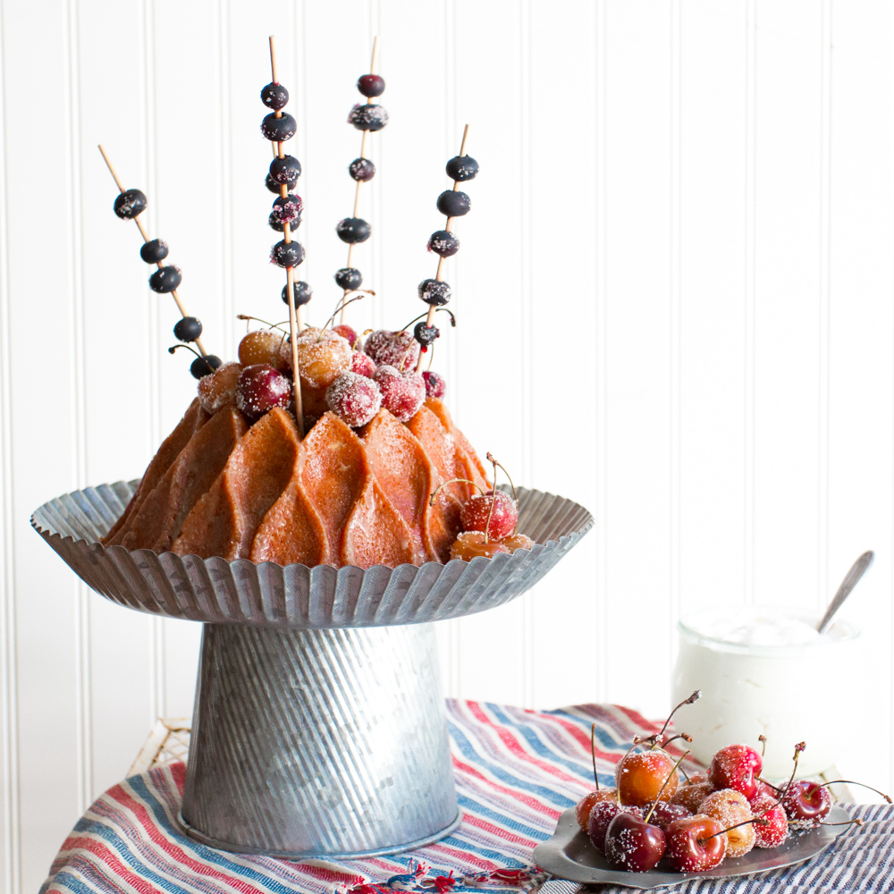Brown Butter Bourbon Bundt Cake with Grilled Cherries and Blueberry Sparkler Skewers