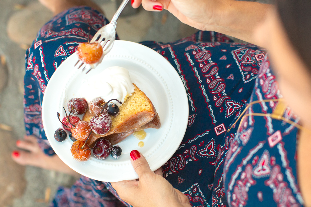 Brown Butter Bourbon Bundt Cake with Grilled Cherries, Blueberries and Whipped Cream