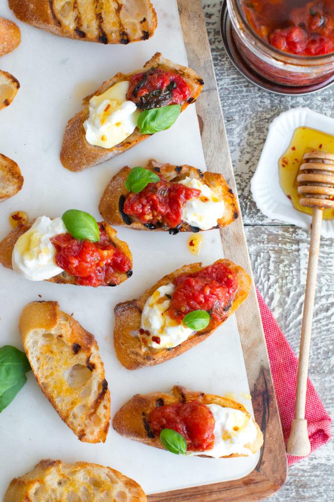 Tomato Confit & Burrata Crostini