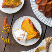 Pumpkin Spice Brown Butter Bourbon Bundt Cake with Cinnamon Whipped Cream.