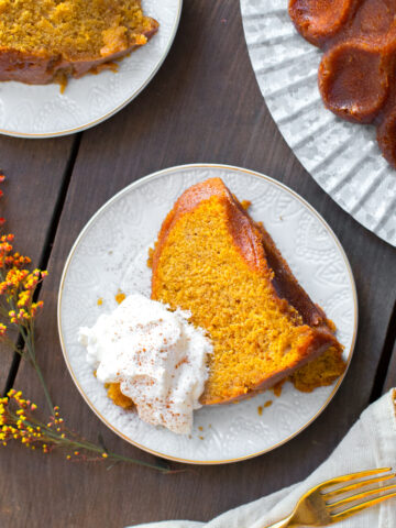 Pumpkin Spice Brown Butter Bourbon Bundt Cake with Cinnamon Whipped Cream.