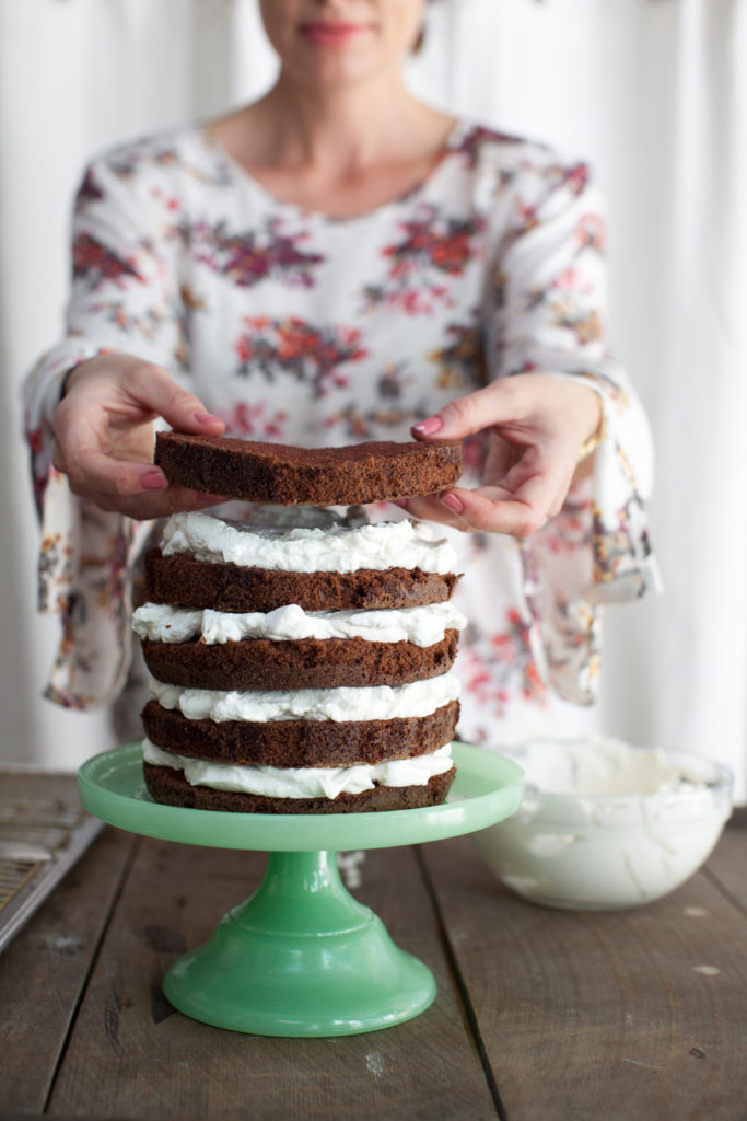 Layering minty chocolate cake