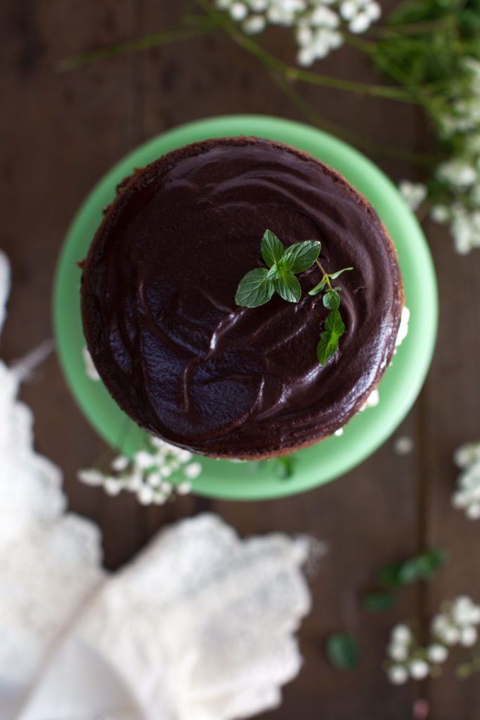 mint sprigs on chocolate mint cake