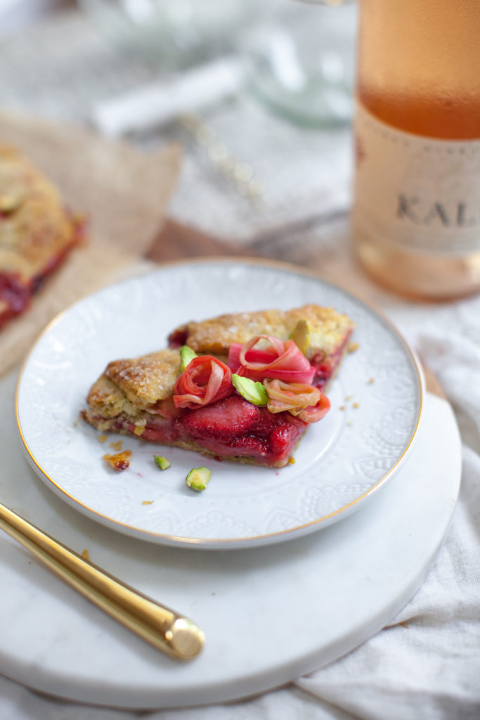 A little sliver of the Rhubarb Rose Strawberry Pistachio Galettes and some Kale Wines Rosé, almost too pretty to imbibe.