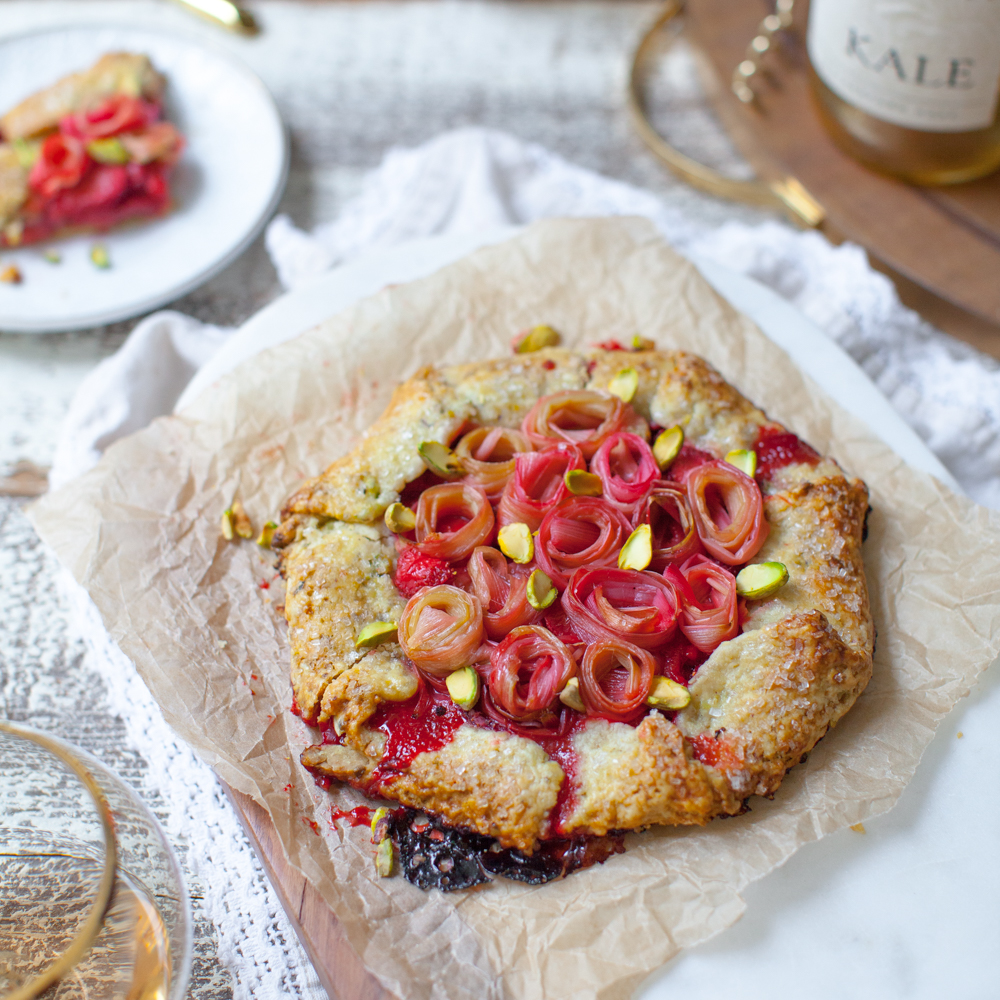 Rhubarb Rose Strawberry Pistachio Galettes, a rustic and refined bouquet for flavor.