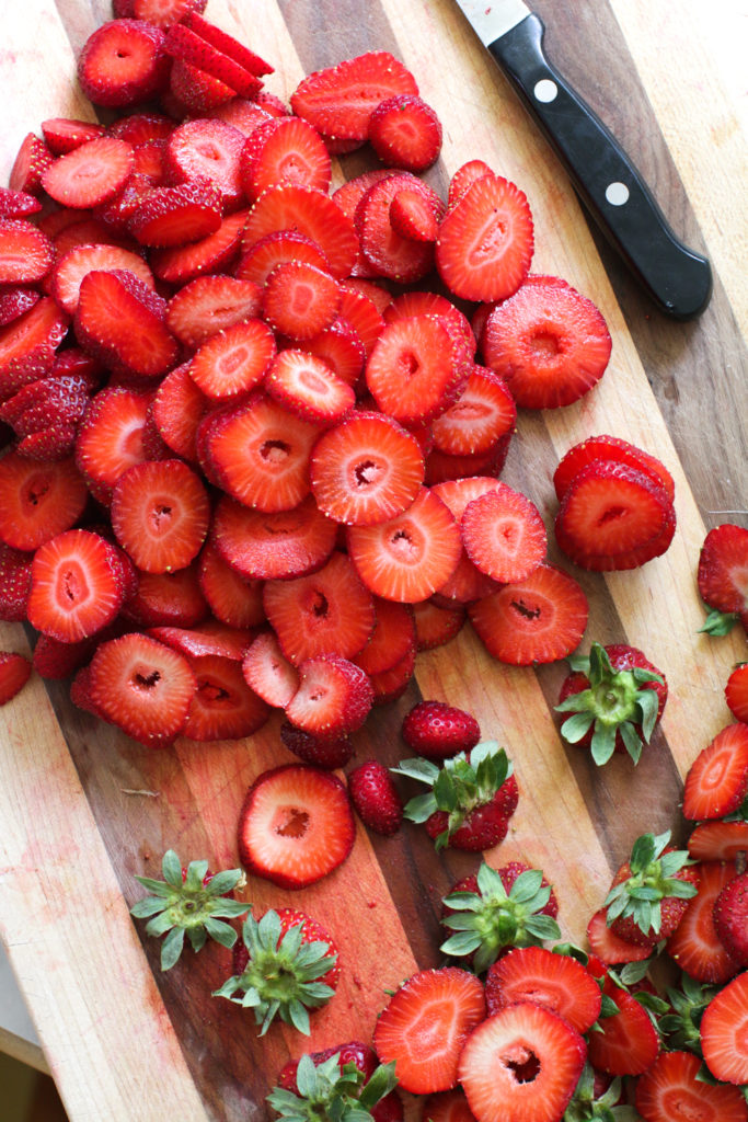 sliced strawberries for Strawberry Rhubarb Galettes