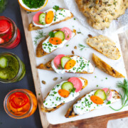 Toast with Herbed Skyr and Quick Pickles on Oat Bakery bread.