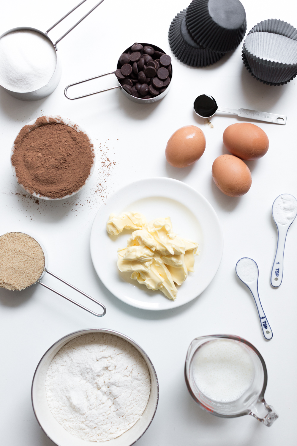 Cupcake ingredients including both Dutch process cocoa and dark chocolate chips.