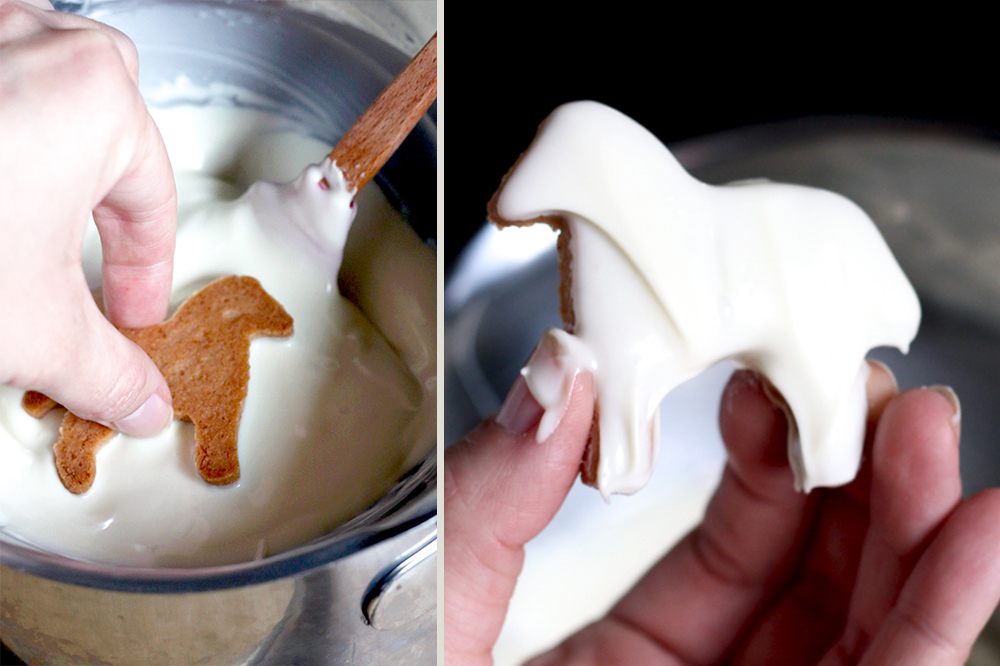 The frosted animal cookies just take a dip in melted white chocolate to get that smooth white coat.