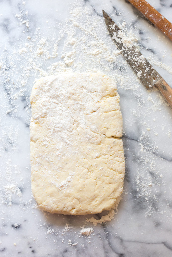 Gently pat the dough into a 6" x 9" rectangle without overworking it.