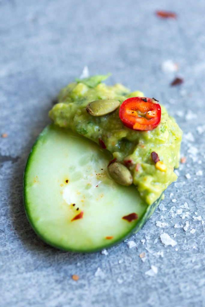 Guacamole with Spicy Cucumbers and Radishes bite