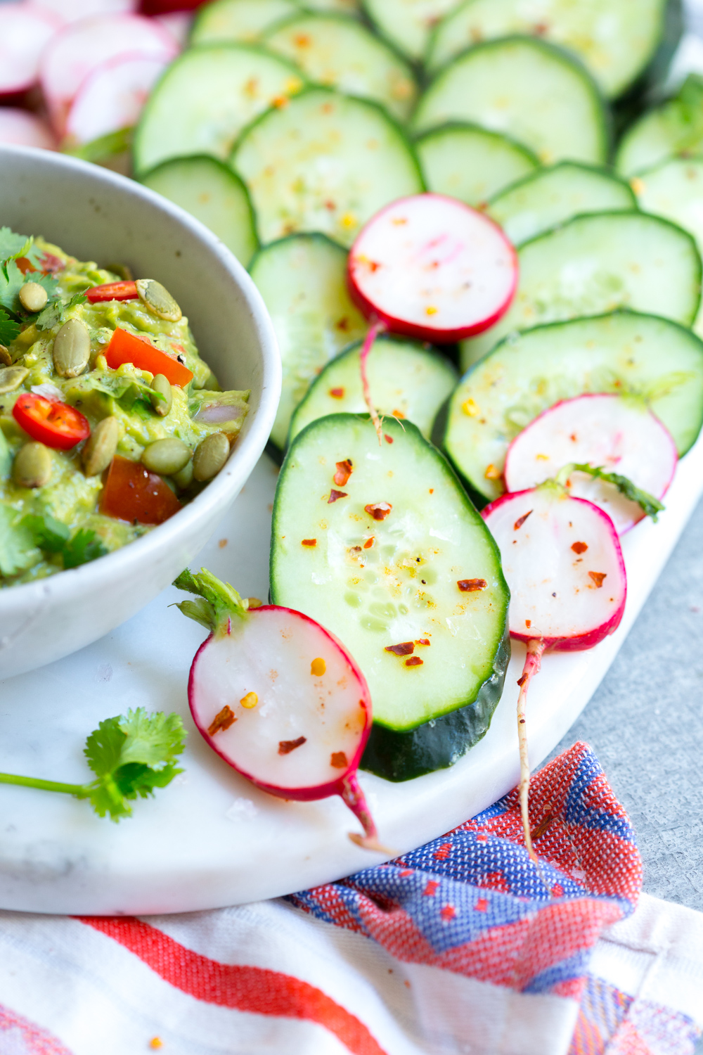 Guacamole with Spicy Cucumbers and Radishes