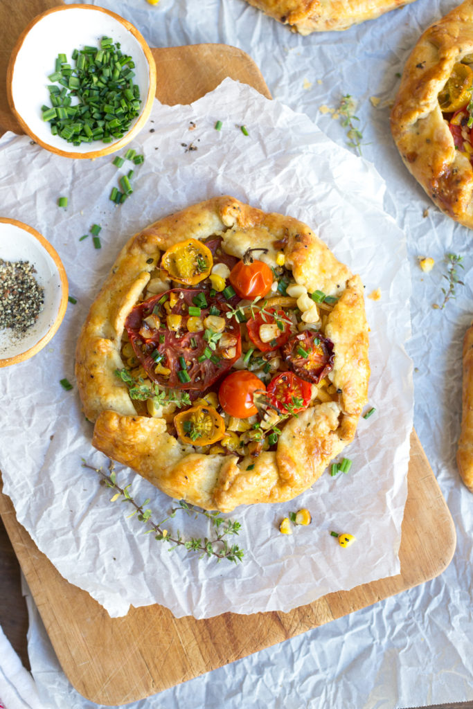 Tomato & Grilled Corn Galettes with Cheddar Crust fresh from the oven