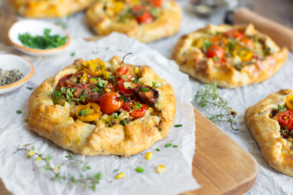 Heirloom Tomato & Grilled Corn Galettes with Cheddar Crust