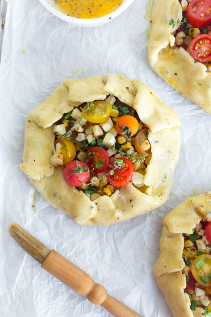Heirloom Tomato & Grilled Corn Galettes with Cheddar Crust egg wash