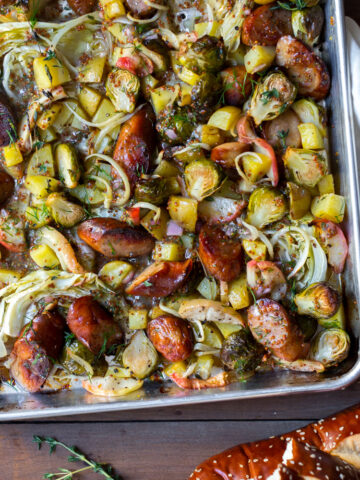 Sausage Apple & Fall Veggie Sheet Pan Dinner with Mustard Vinaigrette