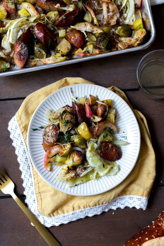 Sausage & Fall Veggie Sheet Pan Dinner plate