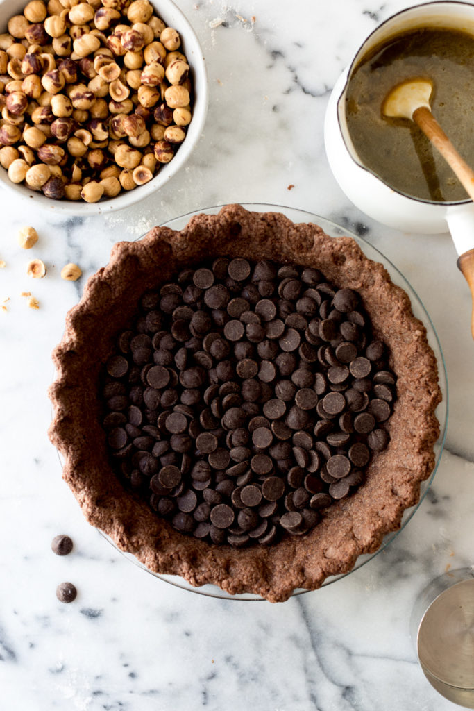 Chocolate Hazelnut Maple Bourbon Pie chocolate chip layer.