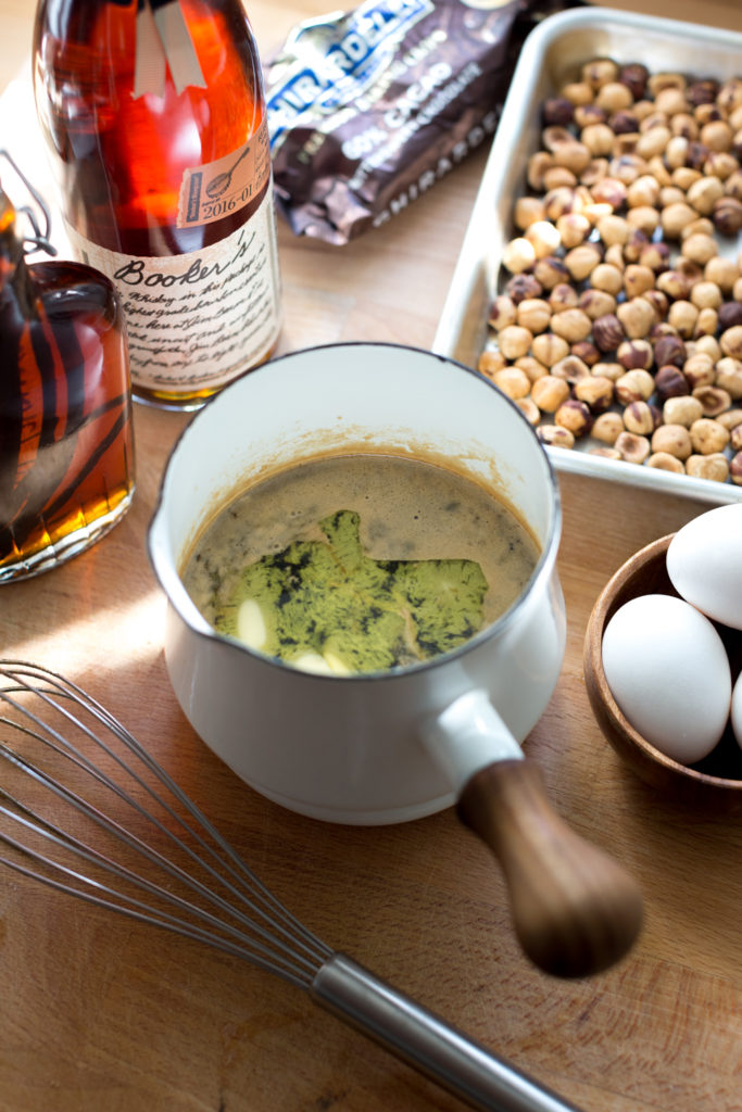 Chocolate Hazelnut Maple Bourbon Pie filling ingredients.