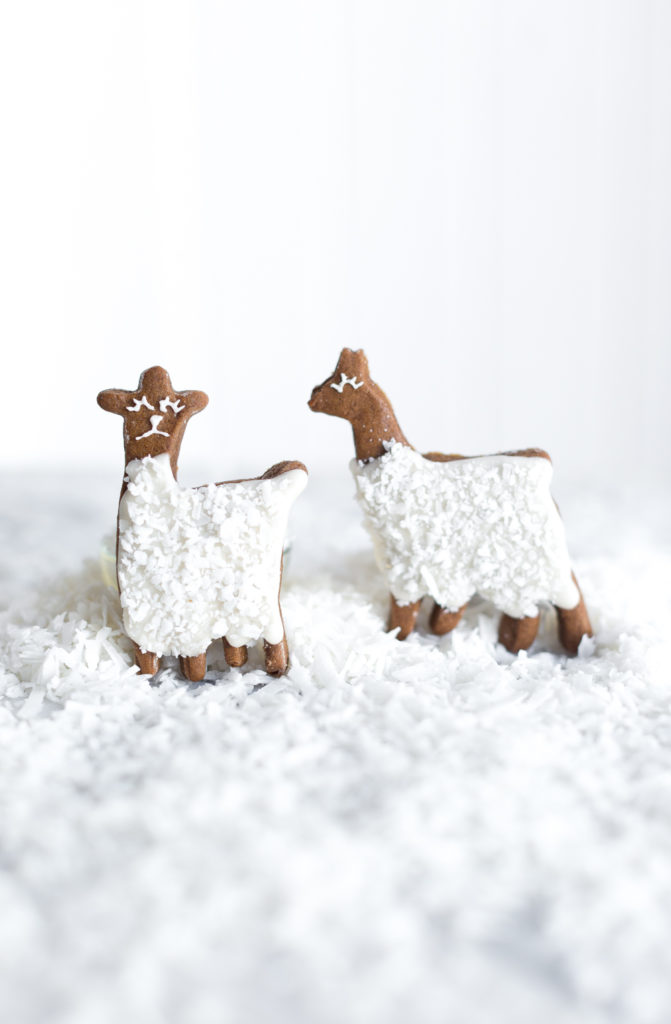 2 standing Gingerbread Coconut Llama Cookies