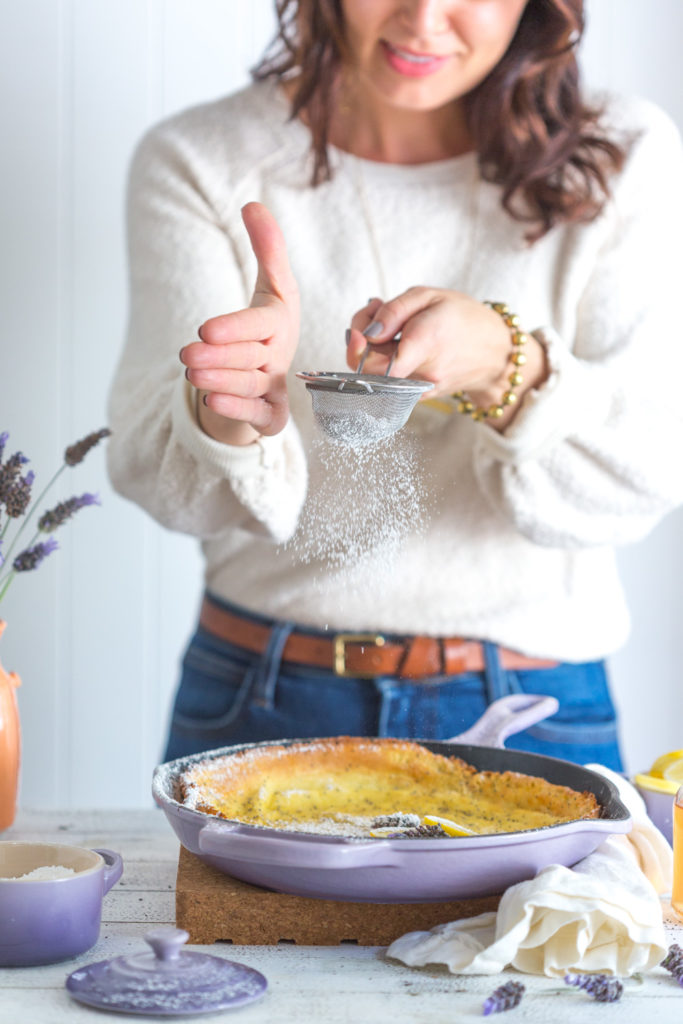 Lemon Poppy Seed German Pancake with Lavender Syrup - sprinkling sugar