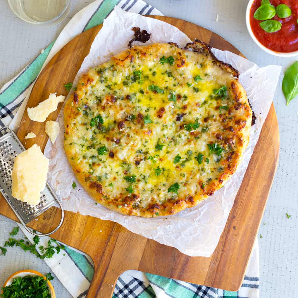Cheesy Garlic Bread Pizza by Baking The Goods