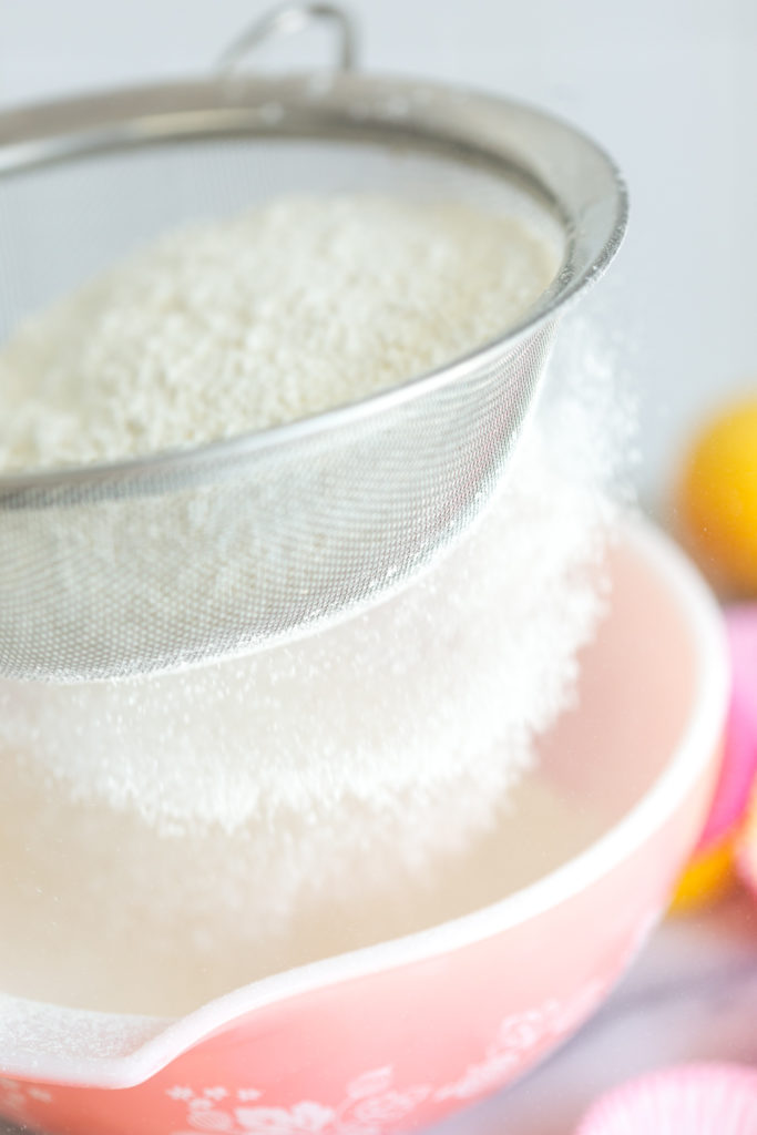 Mini Strawberry Lemon Cupcakes - sifting dry ingredients