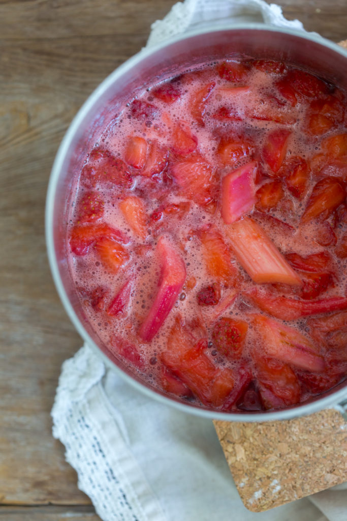 Simmering strawberries and rhubarb for Strawberry Rhubarb Curd