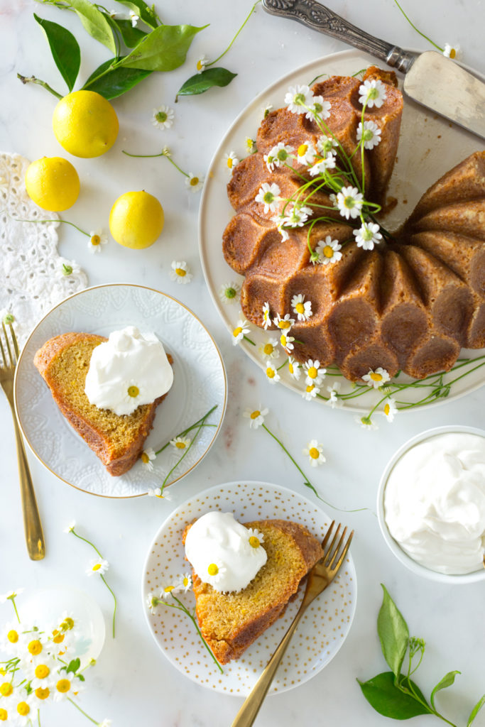 Lemon Chamomile Honey Bundt Cake with Whipped Cream