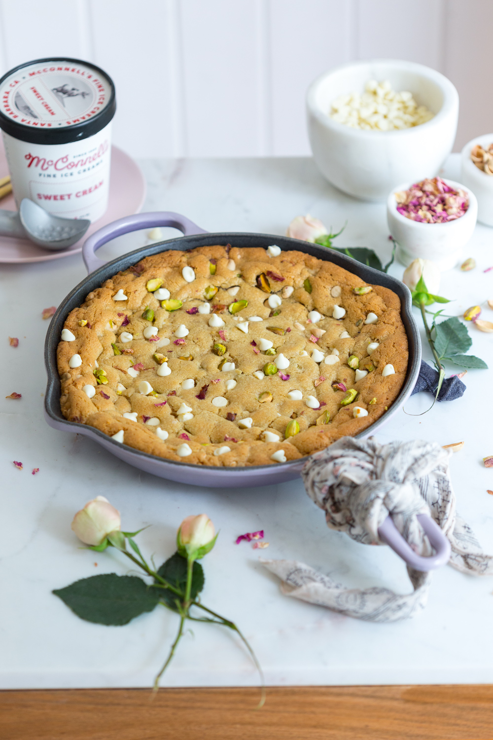 Tahini Pistachio White Chocolate Rose Skillet Cookie