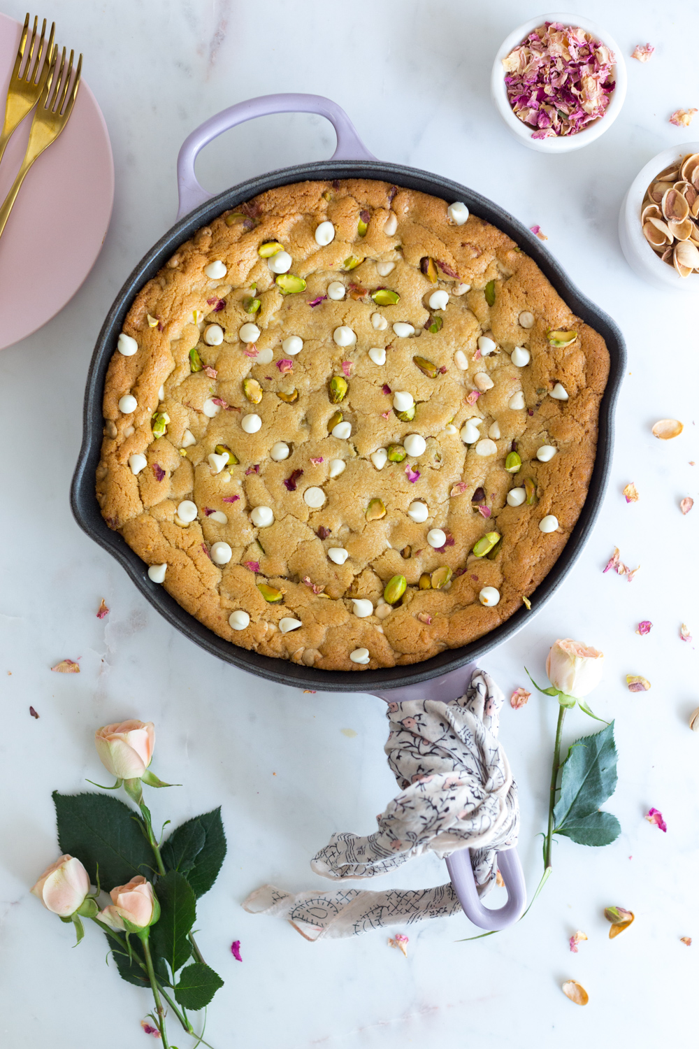 Tahini Pistachio White Chocolate Rose Skillet Cookie - just baked