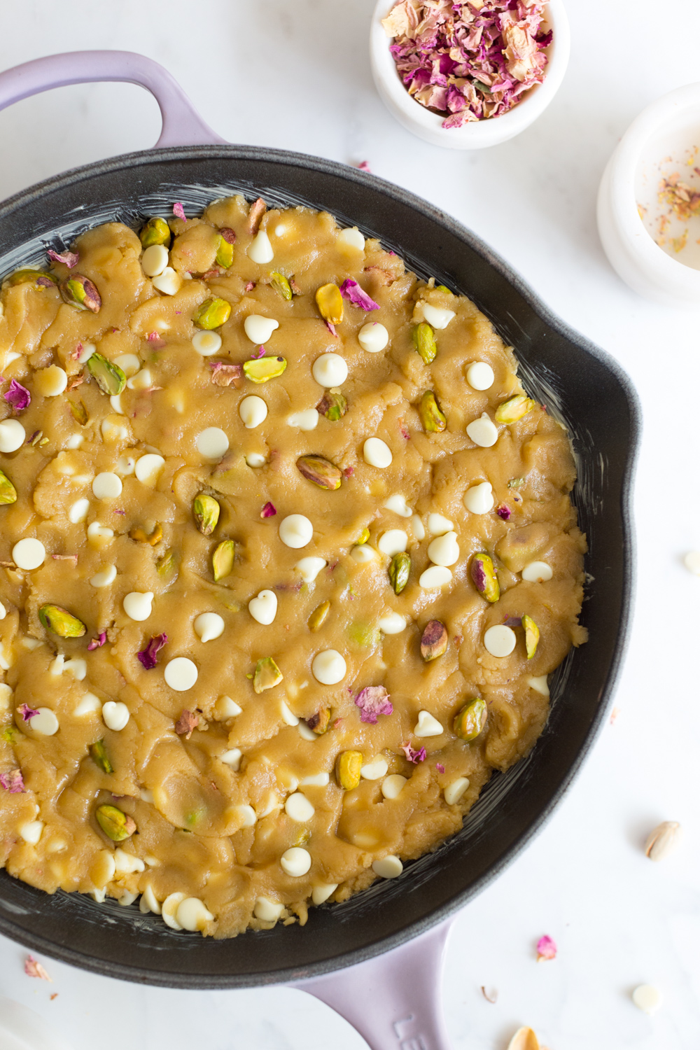 Tahini Pistachio White Chocolate Rose Skillet Cookie - pre-bake