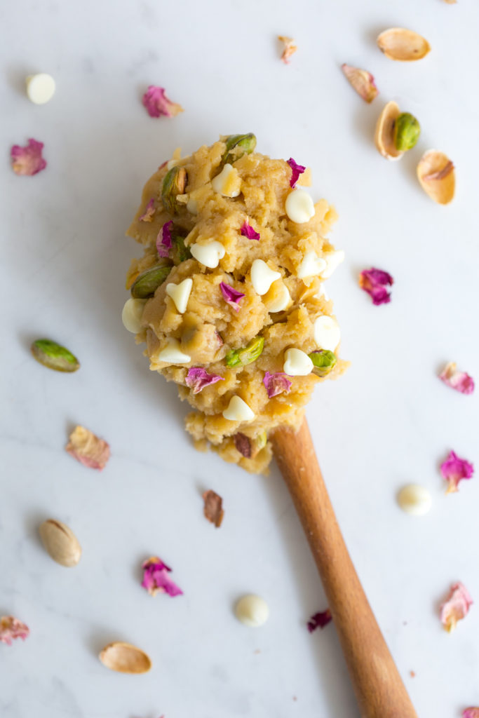 Tahini Pistachio White Chocolate Rose Skillet Cookie dough