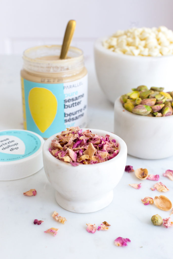 Key ingredients for Tahini Pistachio White Chocolate Rose Skillet Cookie