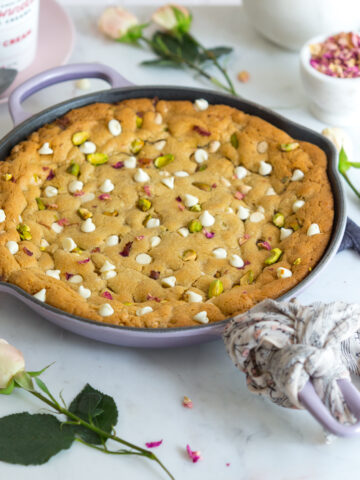 Tahini Pistachio White Chocolate Rose Skillet Cookie by Baking The Goods